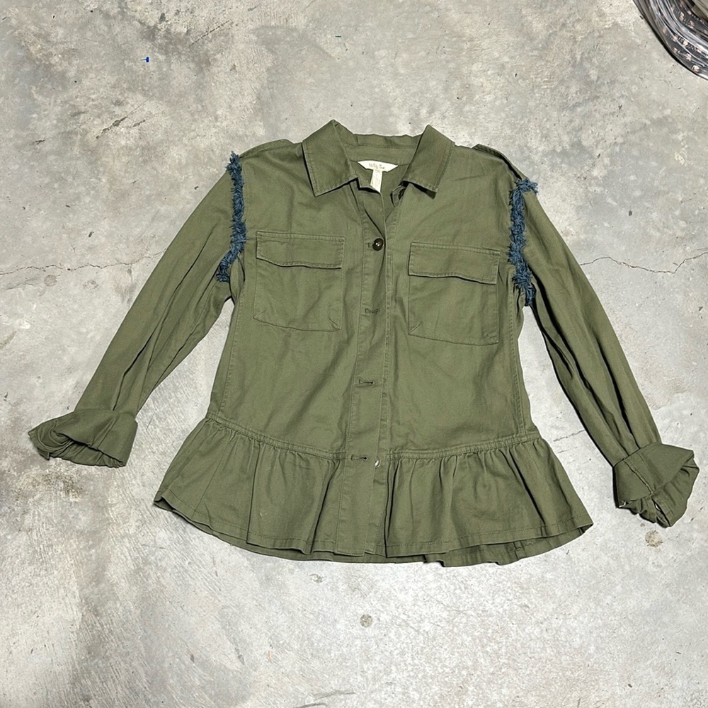 Matilda Jane Letterman Jacket Print On Back Fringe Peplum‎ Utility / size S